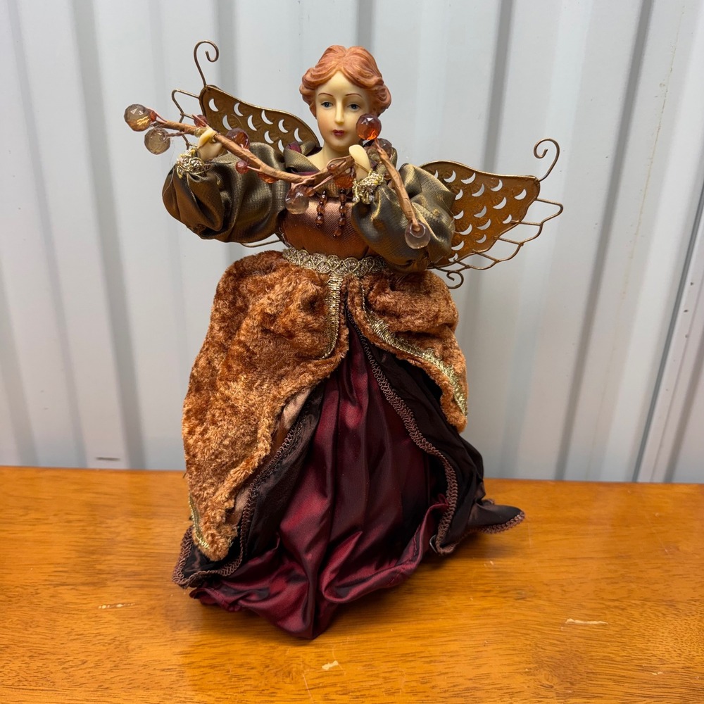 Vintage Victorian Angel Tree Topper Figurine Burgundy Copper Gold Metal Wings